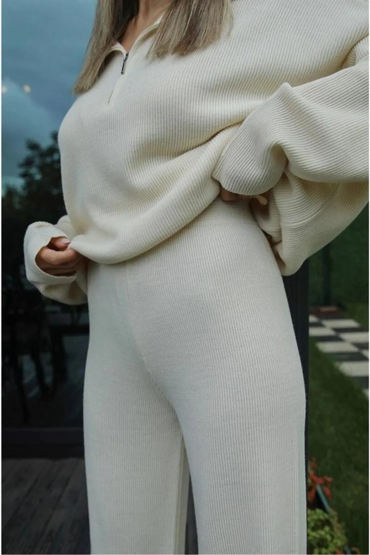 Nzl Tekstil Dgn's Fermuar Detayli Fitilli 2'Li Oversize Kazak-Pantolon Takim