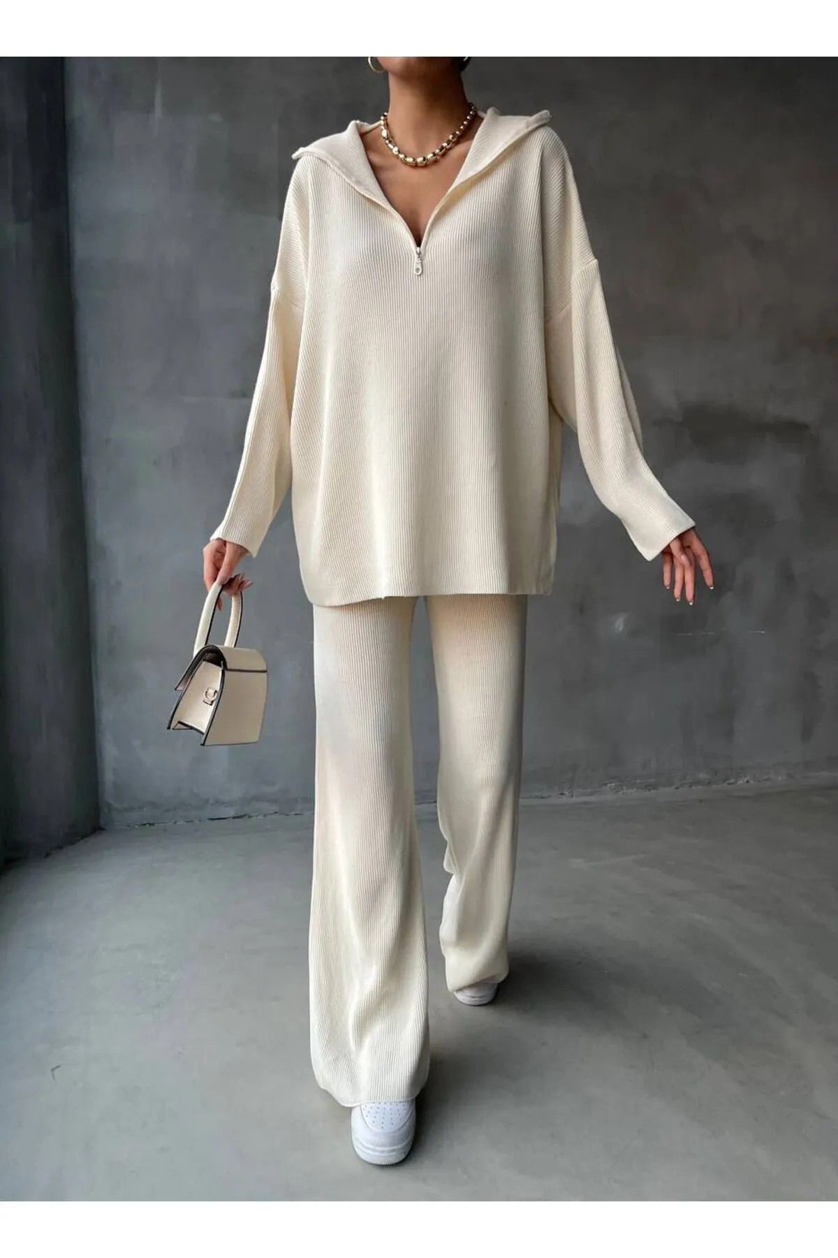 Nzl Tekstil Dgn's Fermuar Detayli Fitilli 2'Li Oversize Kazak-Pantolon Takim