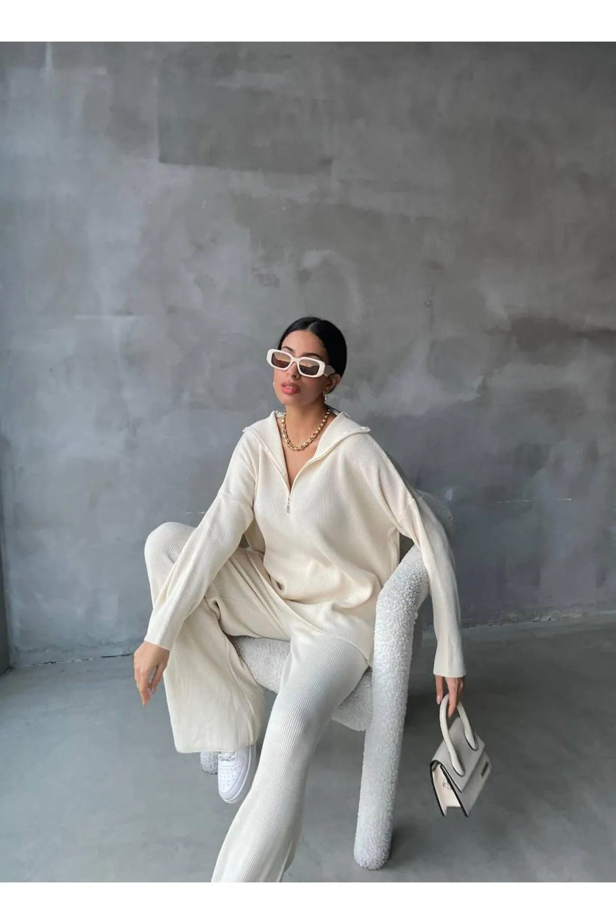 Nzl Tekstil Dgn's Fermuar Detayli Fitilli 2'Li Oversize Kazak-Pantolon Takim