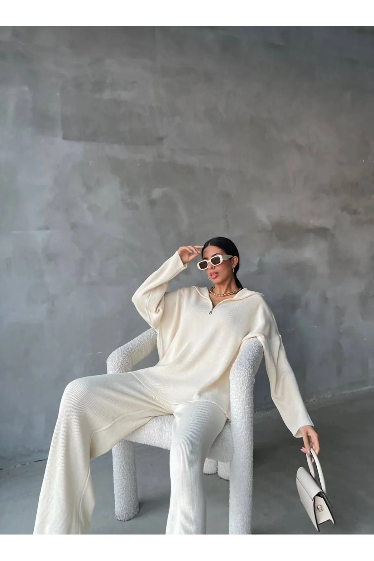 Nzl Tekstil Dgn's Fermuar Detayli Fitilli 2'Li Oversize Kazak-Pantolon Takim