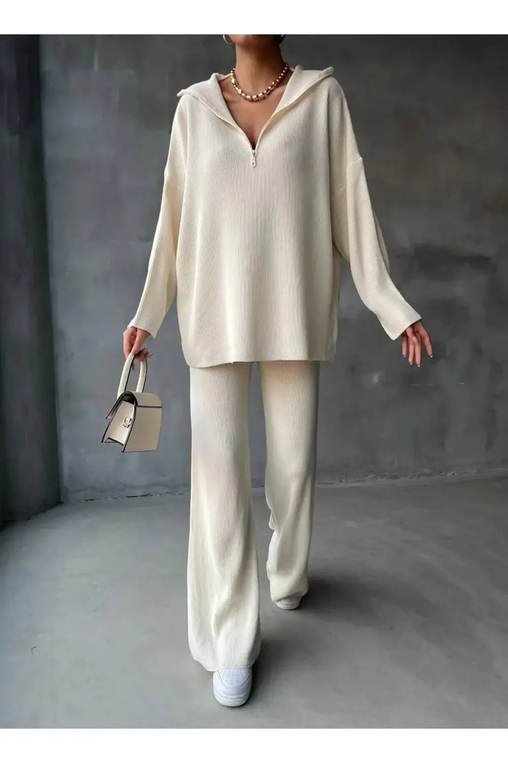 DGN'S FERMUAR DETAYLI FİTİLLİ 2'Lİ OVERSİZE KAZAK-PANTOLON TAKIM