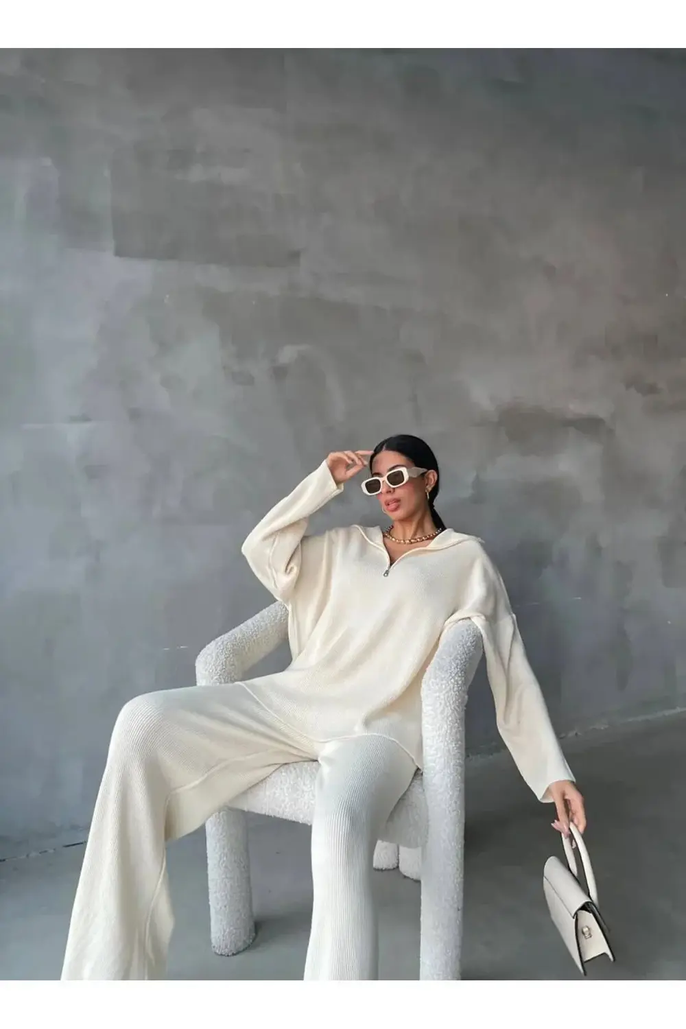 DGN'S FERMUAR DETAYLI FİTİLLİ 2'Lİ OVERSİZE KAZAK-PANTOLON TAKIM