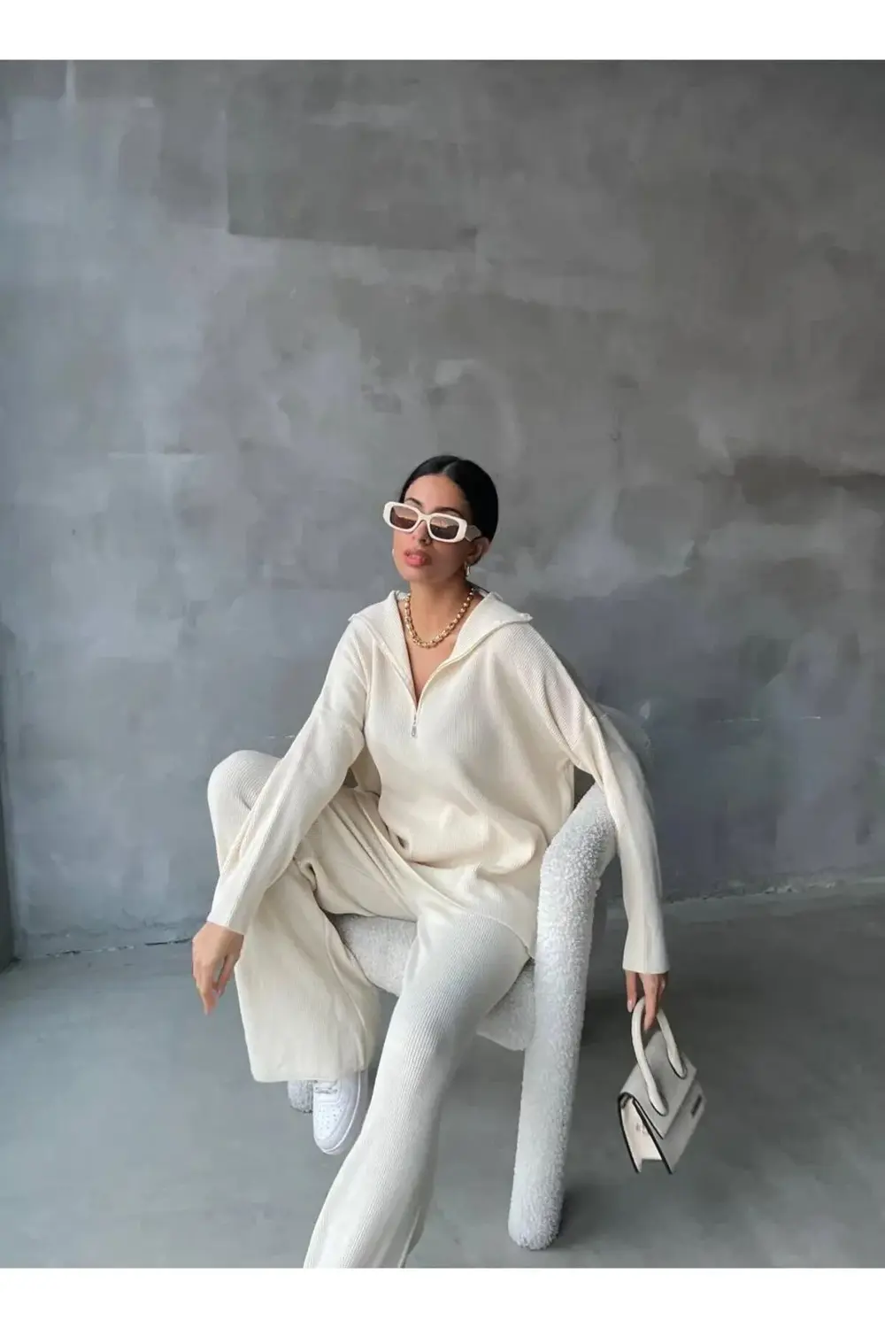 DGN'S FERMUAR DETAYLI FİTİLLİ 2'Lİ OVERSİZE KAZAK-PANTOLON TAKIM