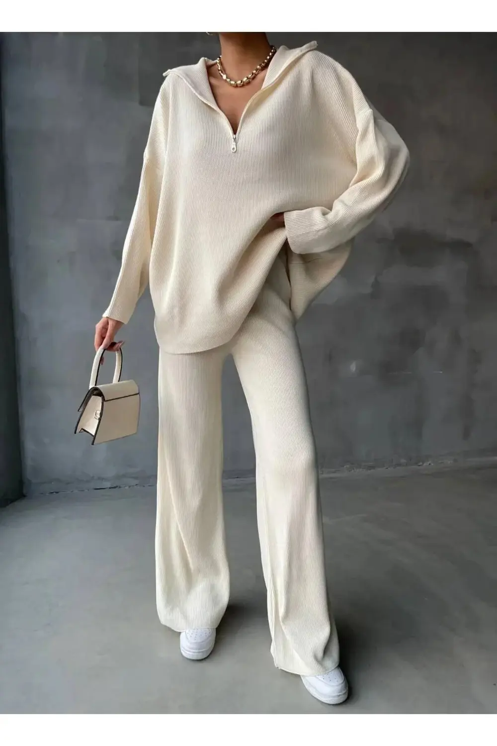 DGN'S FERMUAR DETAYLI FİTİLLİ 2'Lİ OVERSİZE KAZAK-PANTOLON TAKIM