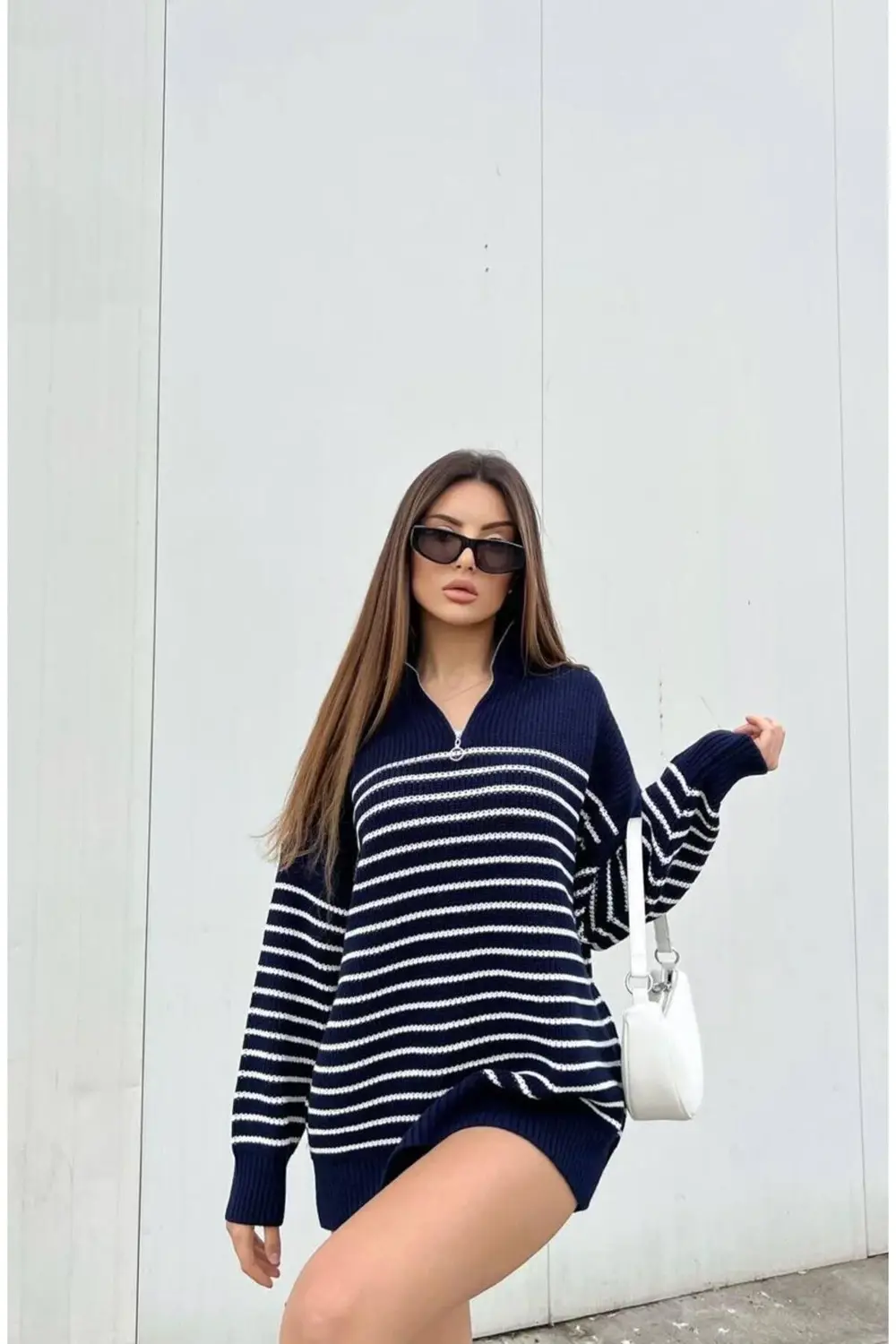 DGN'S FERMUARLI-ÇİZGİLİ OVERSİZE KADIN TRİKO KAZAK