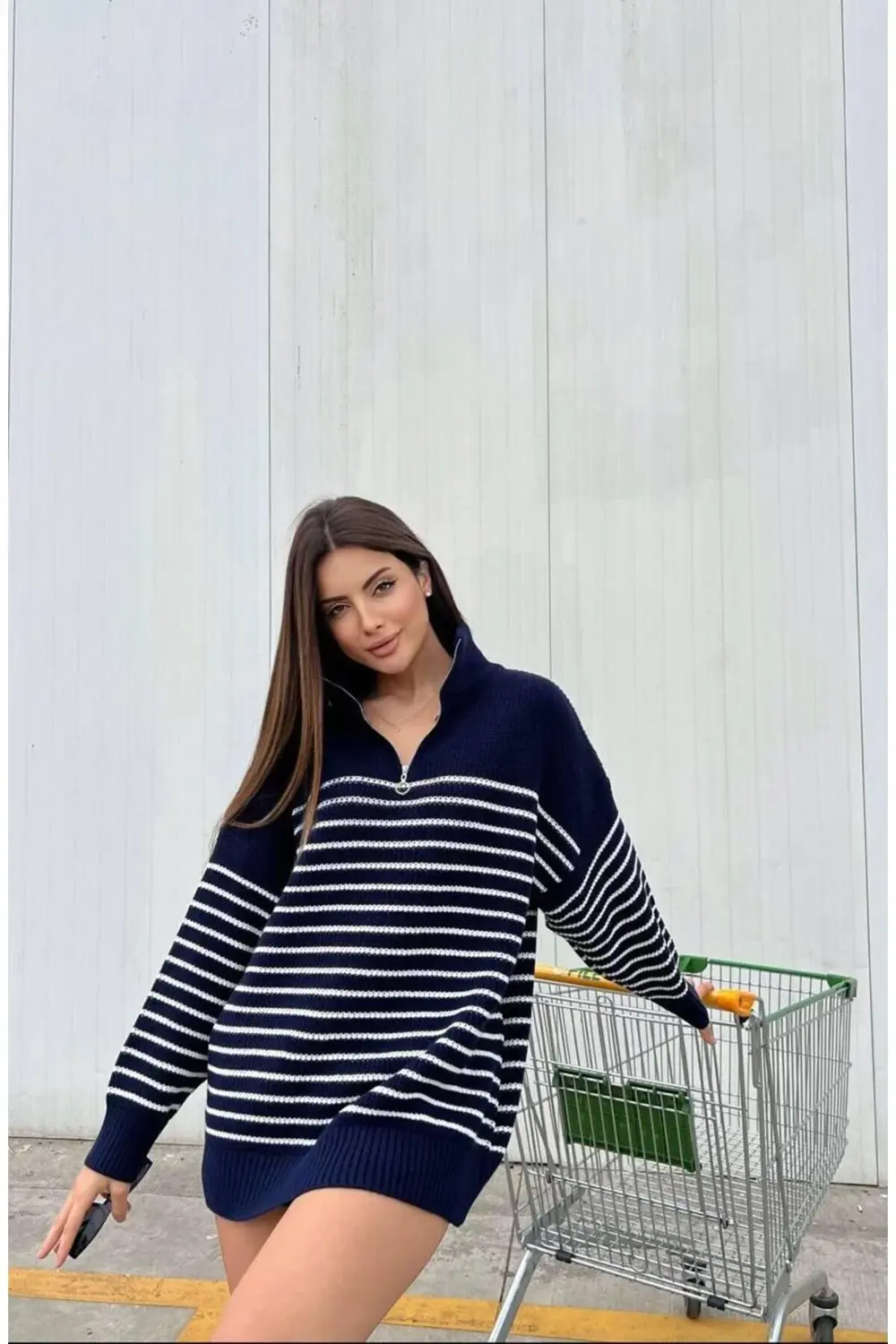 DGN'S FERMUARLI-ÇİZGİLİ OVERSİZE KADIN TRİKO KAZAK