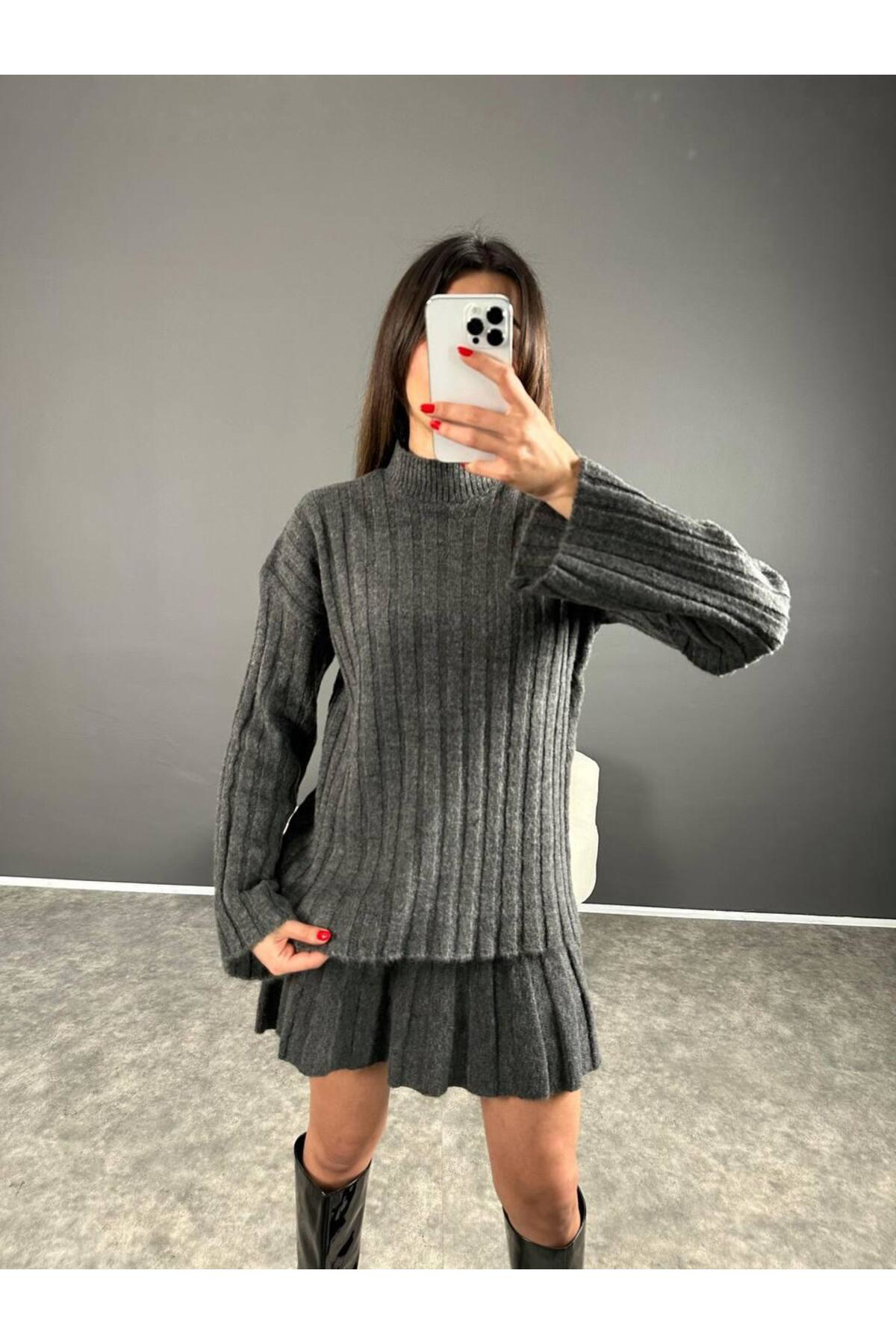 Nzl Tekstil Dgn's Fitilli Yarim Balikci Piliseli Etekli Oversize Kadin Triko