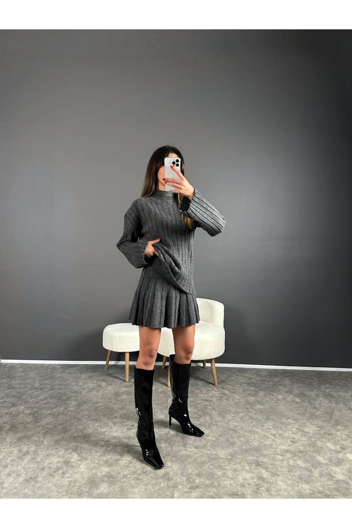 Nzl Tekstil Dgn's Fitilli Yarim Balikci Piliseli Etekli Oversize Kadin Triko