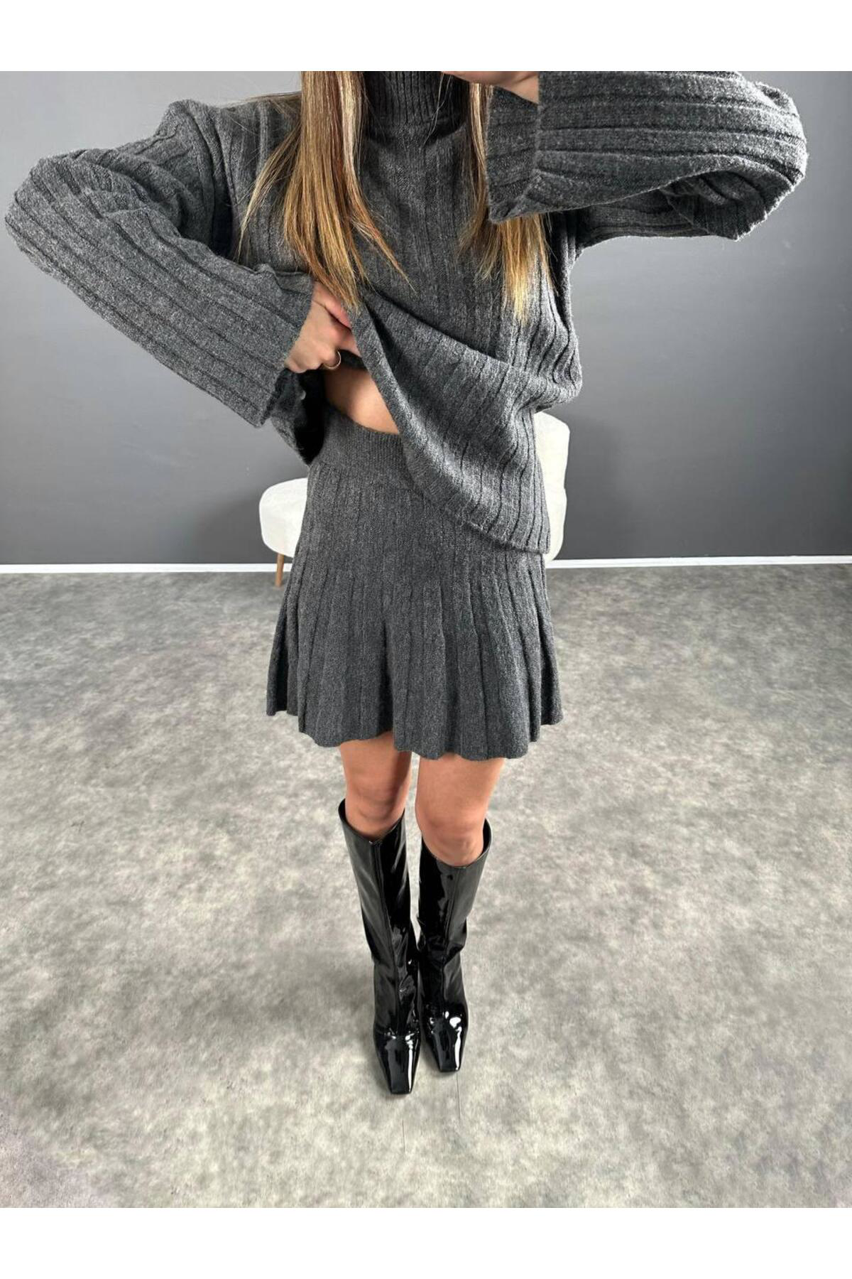 Nzl Tekstil Dgn's Fitilli Yarim Balikci Piliseli Etekli Oversize Kadin Triko