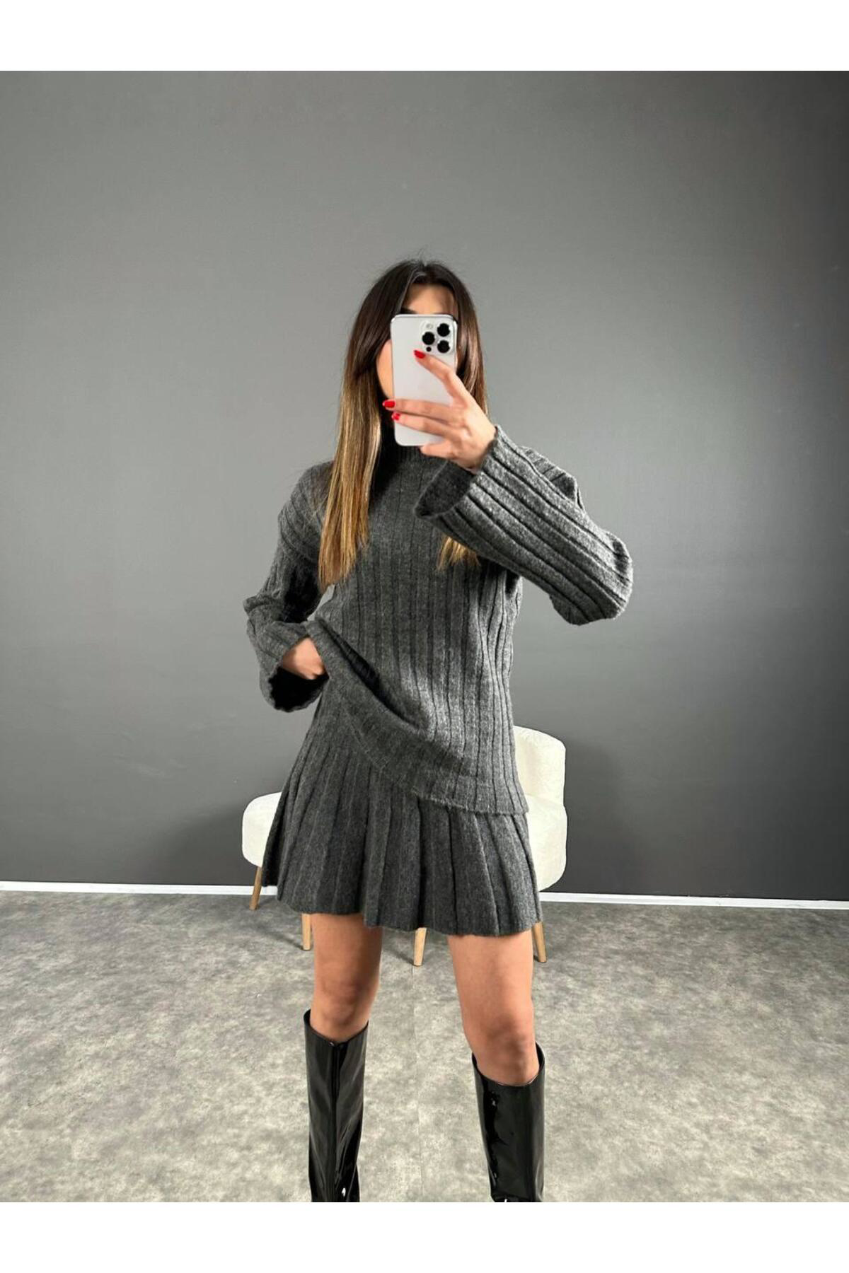 Nzl Tekstil Dgn's Fitilli Yarim Balikci Piliseli Etekli Oversize Kadin Triko