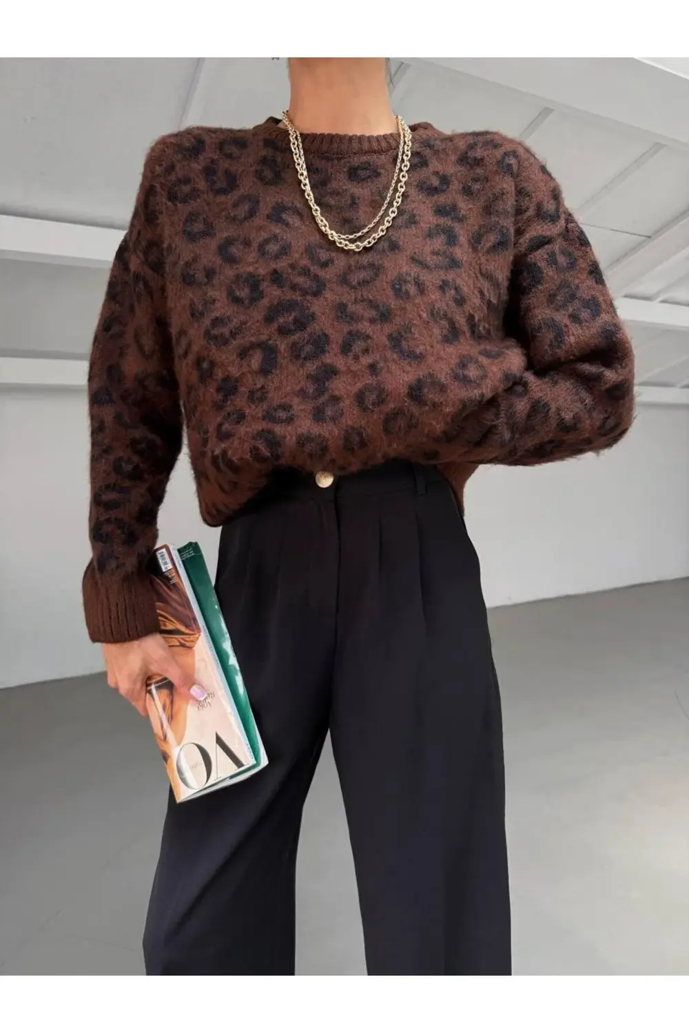 DGN'S LEOPAR DESENLİ BİSİKLET YAKA KADIN UZUN TRİKO KAZAK