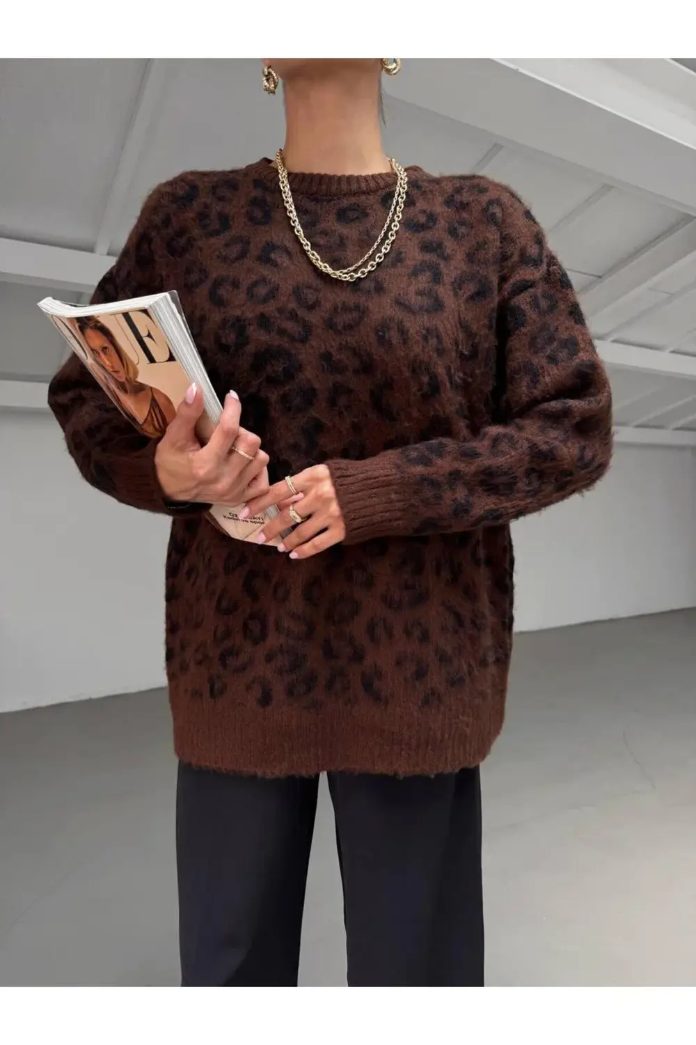 DGN'S LEOPAR DESENLİ BİSİKLET YAKA KADIN UZUN TRİKO KAZAK