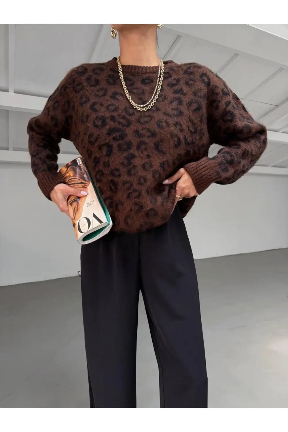 DGN'S LEOPAR DESENLİ BİSİKLET YAKA KADIN UZUN TRİKO KAZAK