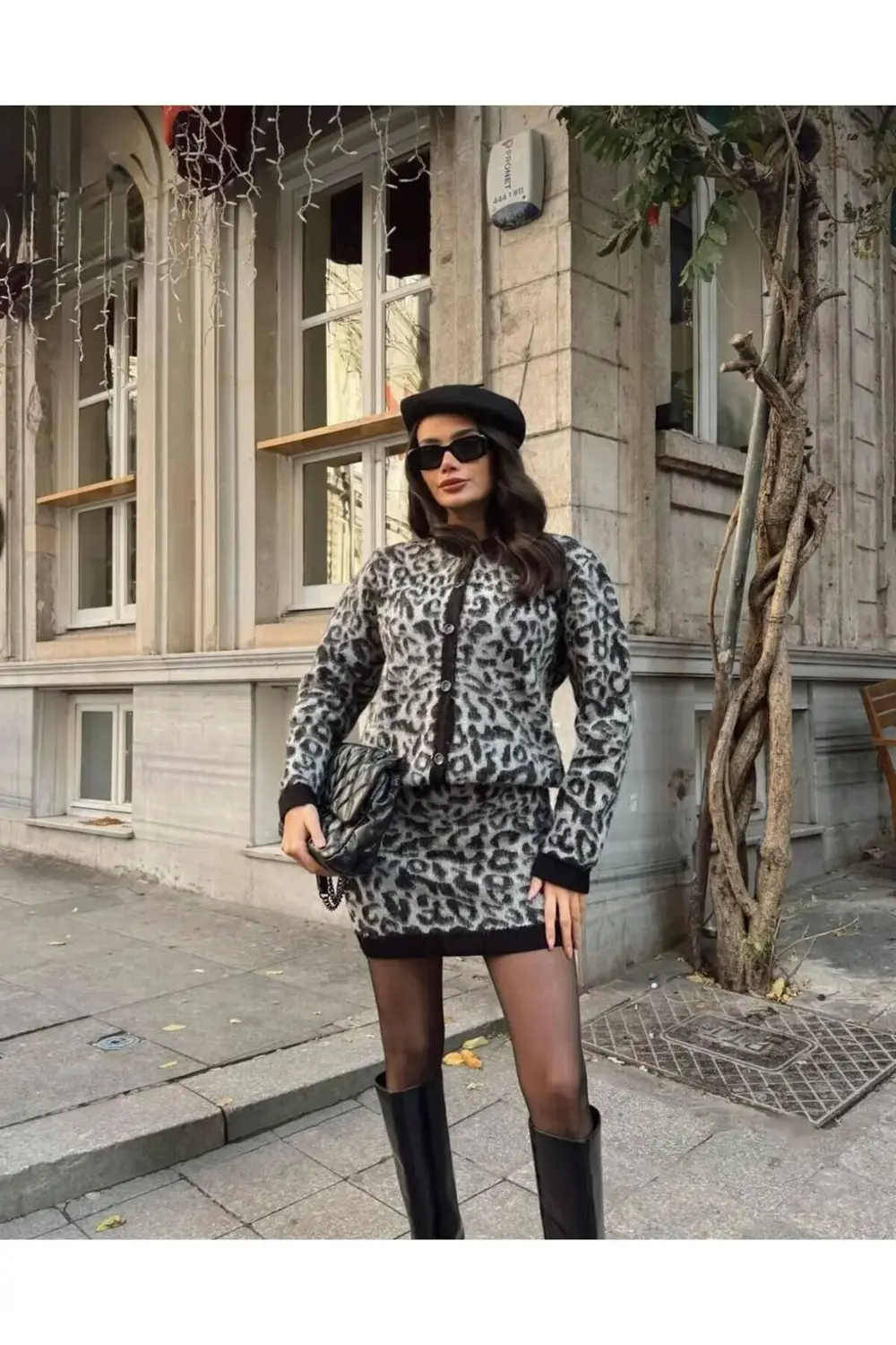 DGN'S LEOPAR DESENLİ KADIN TRİKO HIRKA-ETEK TAKIM SİYAH-KAHVE-GRİ