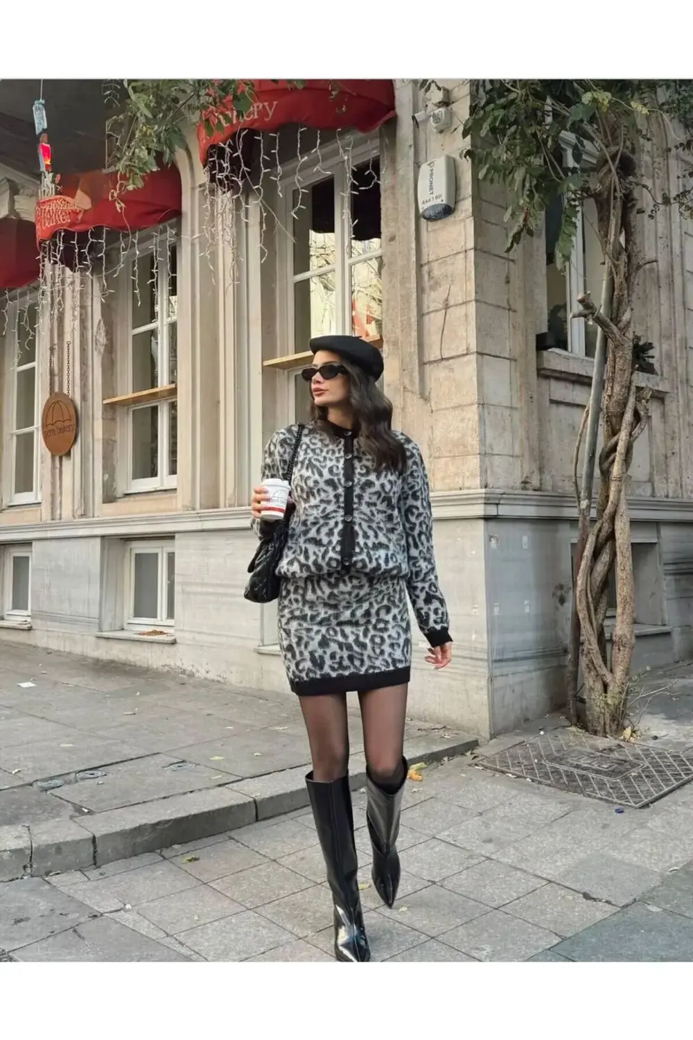 DGN'S LEOPAR DESENLİ KADIN TRİKO HIRKA-ETEK TAKIM SİYAH-KAHVE-GRİ