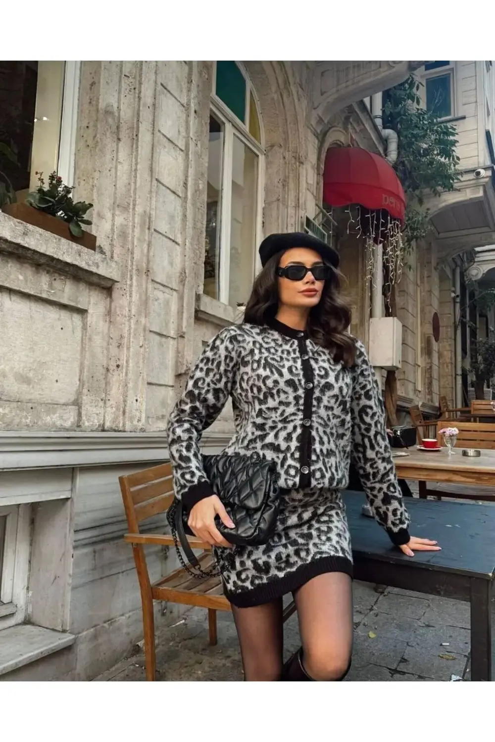 DGN'S LEOPAR DESENLİ KADIN TRİKO HIRKA-ETEK TAKIM SİYAH-KAHVE-GRİ