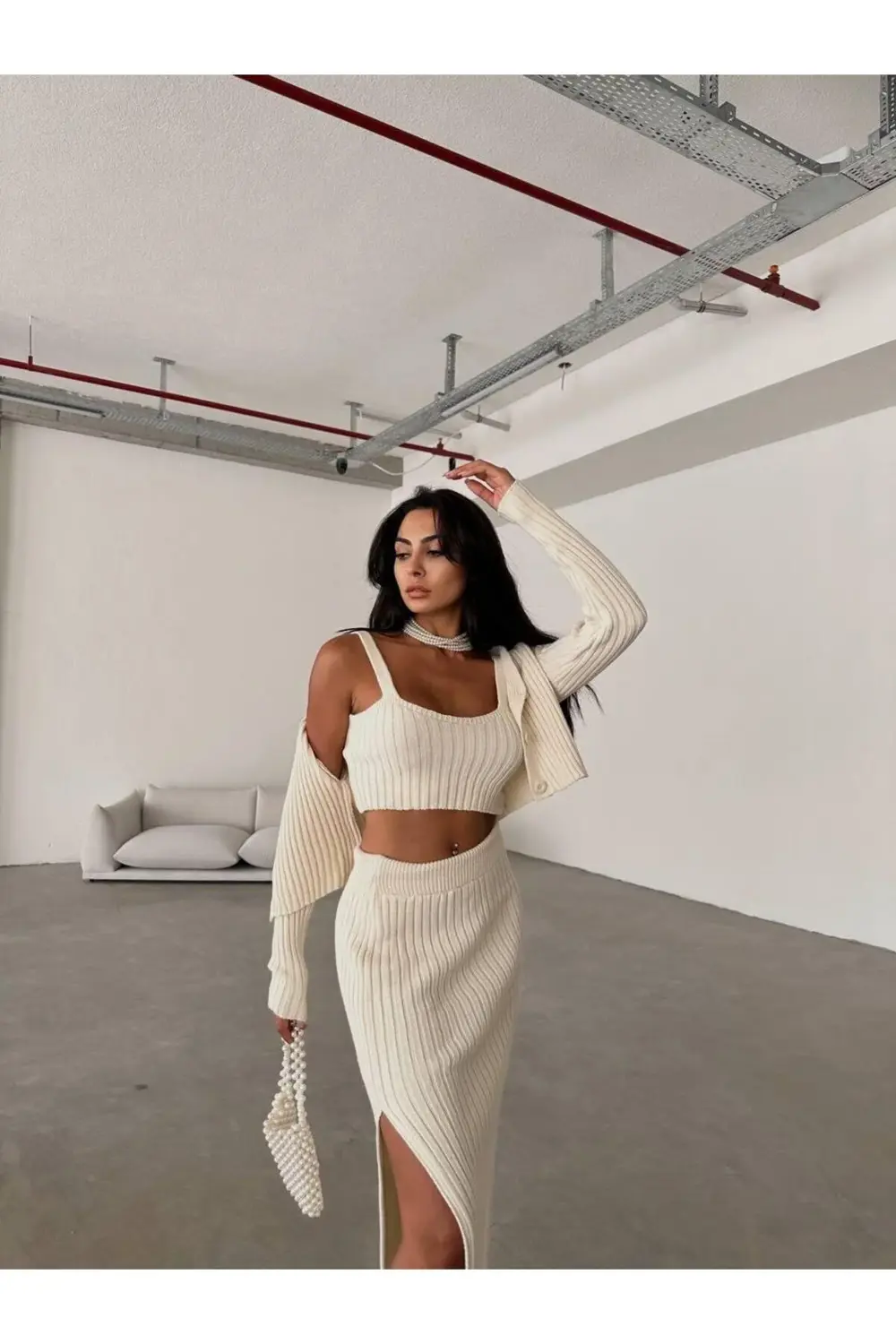 Dgn's London Düğme Detaylı Yırtmaçlı Etek-hırka-bluz 3'lü Takım