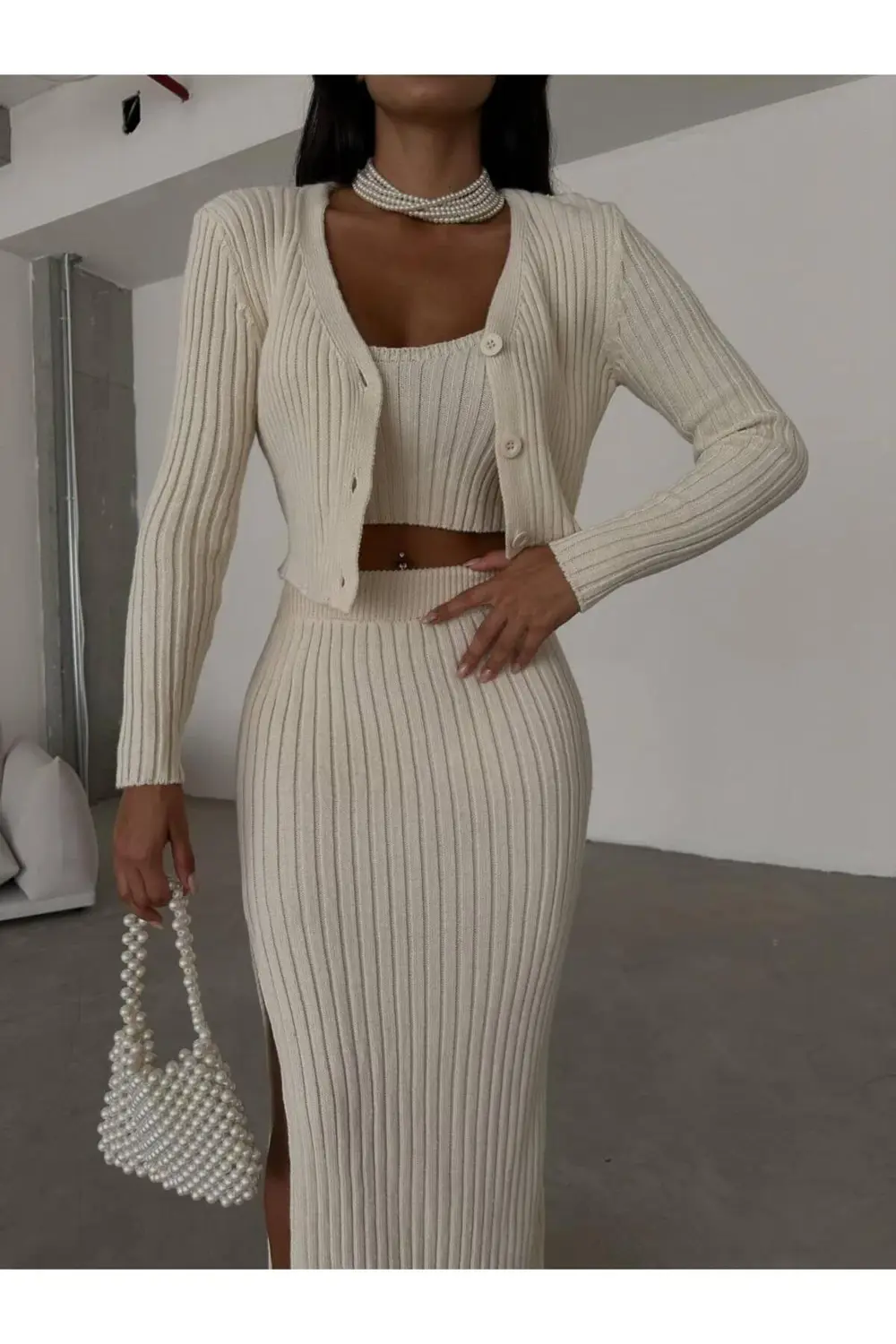 Dgn's London Düğme Detaylı Yırtmaçlı Etek-hırka-bluz 3'lü Takım