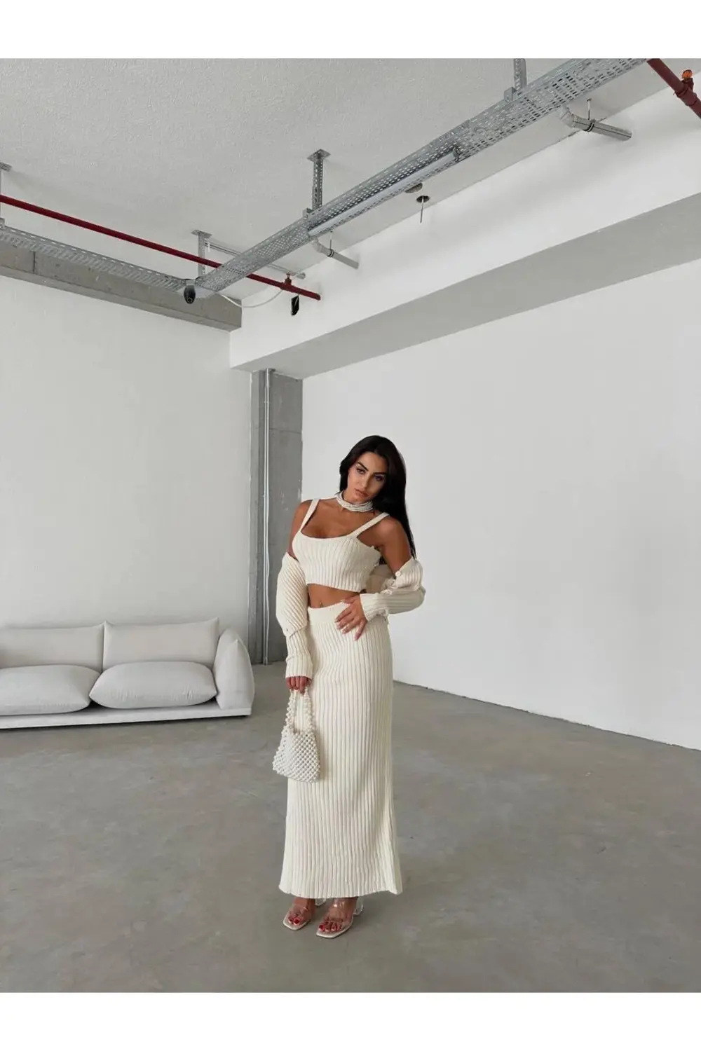 Dgn's London Düğme Detaylı Yırtmaçlı Etek-hırka-bluz 3'lü Takım