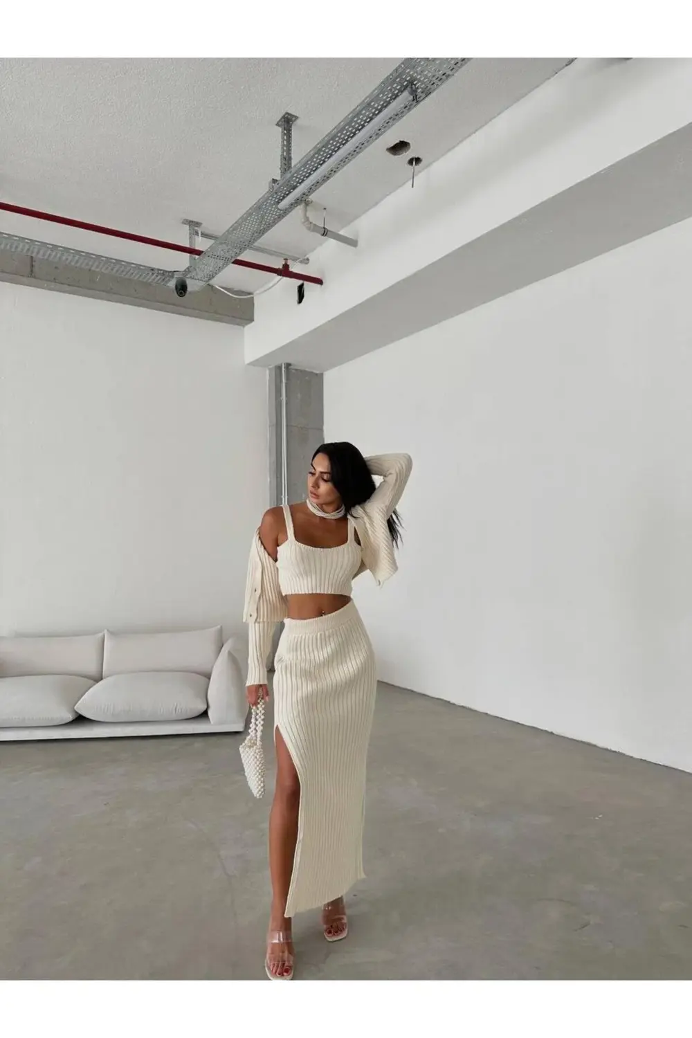 Dgn's London Düğme Detaylı Yırtmaçlı Etek-hırka-bluz 3'lü Takım