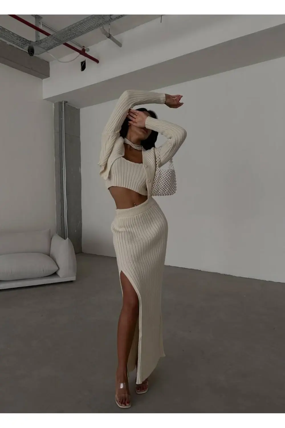 Dgn's London Düğme Detaylı Yırtmaçlı Etek-hırka-bluz 3'lü Takım