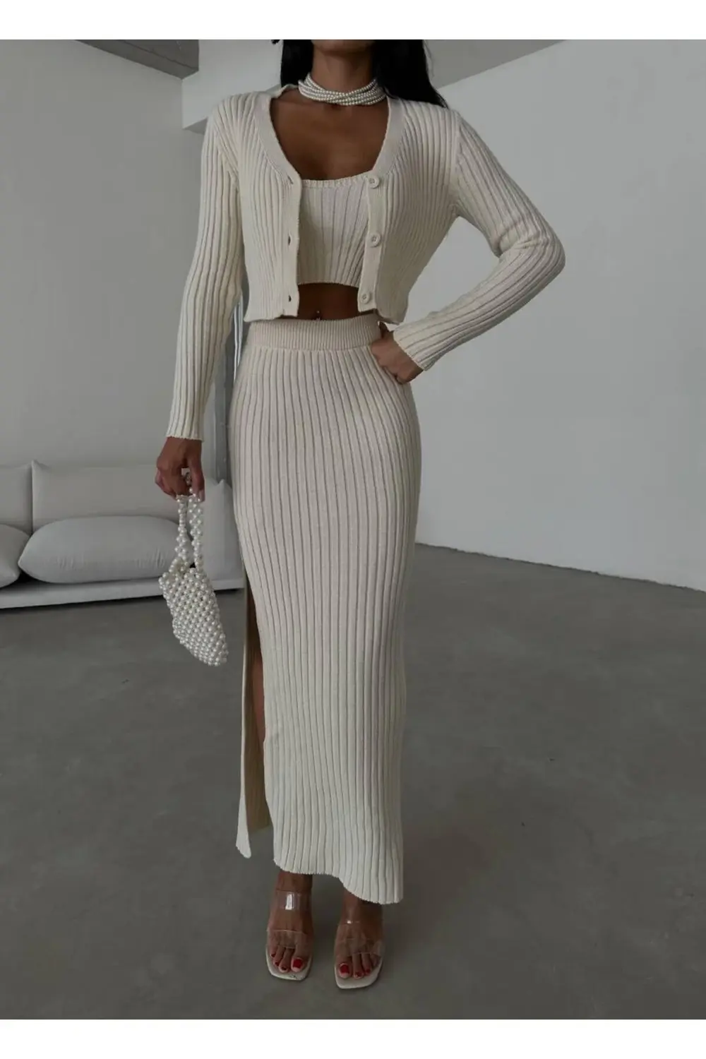 Dgn's London Düğme Detaylı Yırtmaçlı Etek-hırka-bluz 3'lü Takım