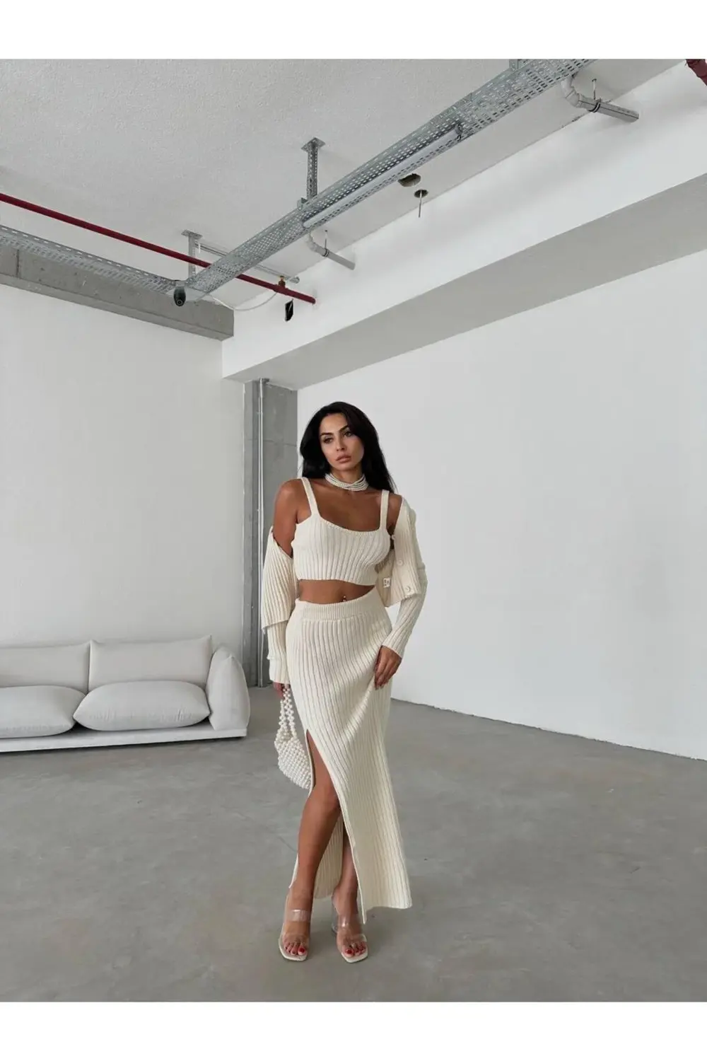 Dgn's London Düğme Detaylı Yırtmaçlı Etek-hırka-bluz 3'lü Takım