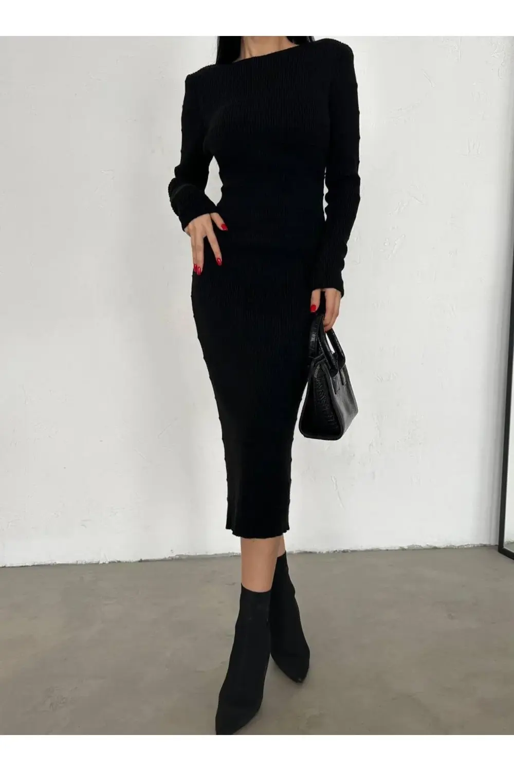 DGN'S ÖRGÜ (GOFRA) CİZGİLİ SLİM KADIN TRİKO ELBİSE