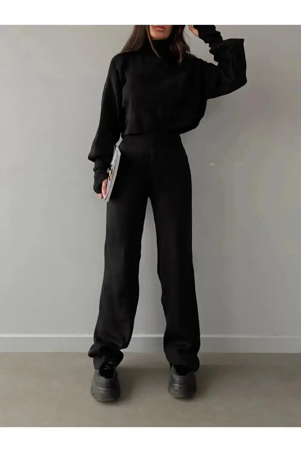 Dgn's Parmak Geçmeli Boğazlı 2'li Crop-pantolon Takım