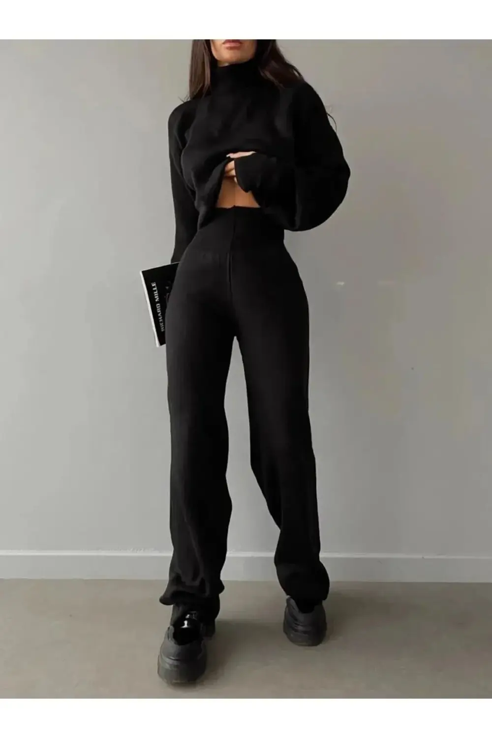 Dgn's Parmak Geçmeli Boğazlı 2'li Crop-pantolon Takım