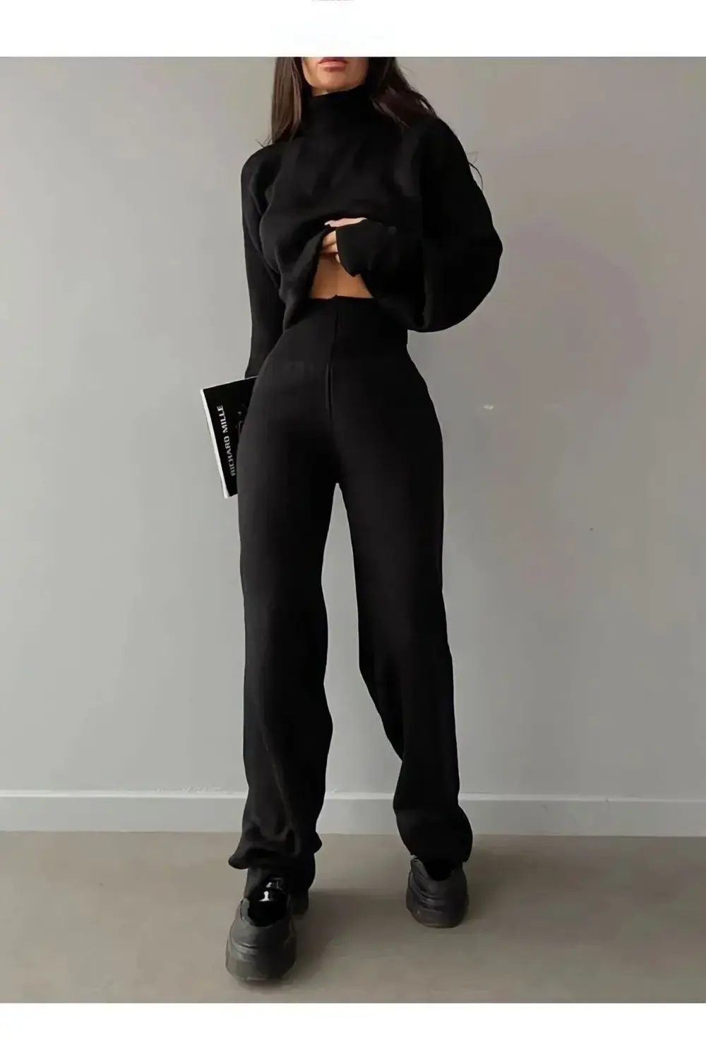 Dgn's Parmak Geçmeli Boğazlı 2'li Crop-pantolon Takım