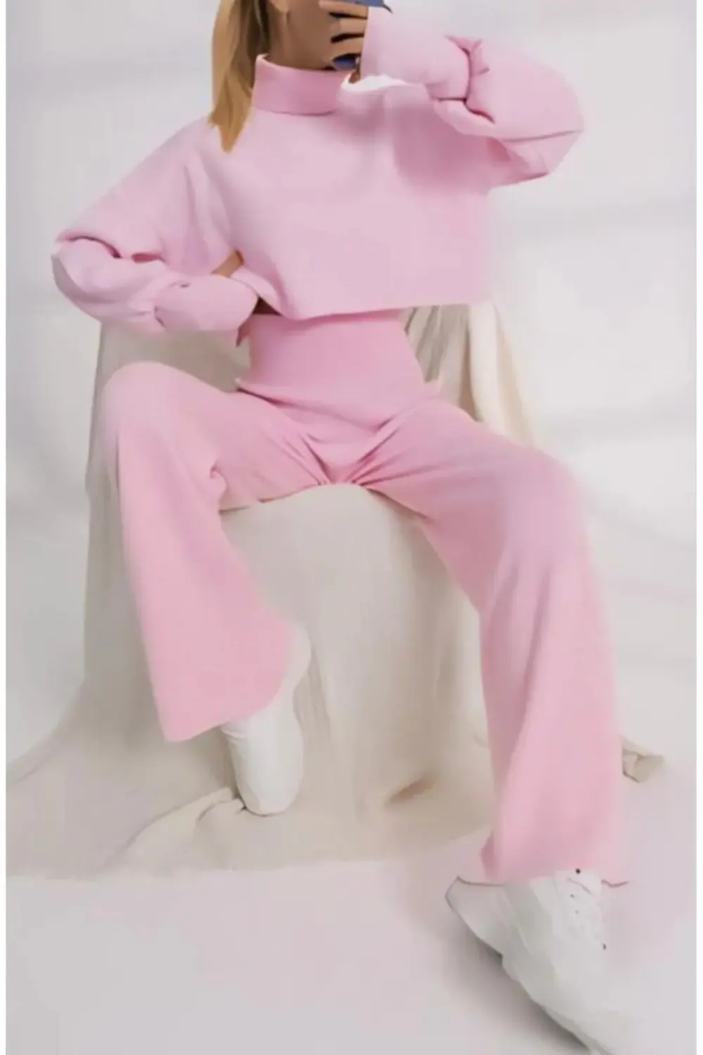 Dgn's Parmak Geçmeli Boğazlı 2'li Crop-pantolon Takım