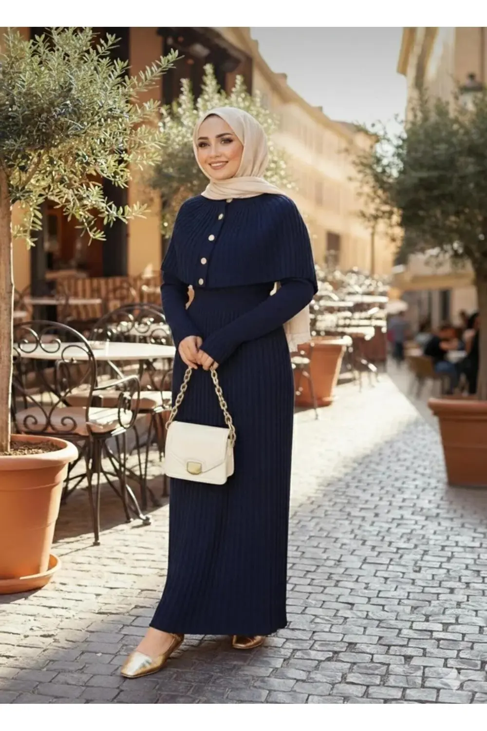 DGN'S PELERİNLİ DÜĞME DETAYLI KADIN TRİKO PİLİSELİ ELBİSE