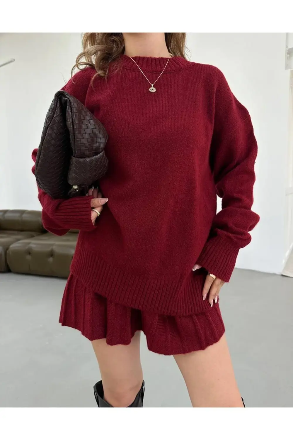 DGN'S PİLİSELİ MİNİ ETEKLİ BİSİKLET YAKA KAZAK KADIN ALT-ÜST TRİK