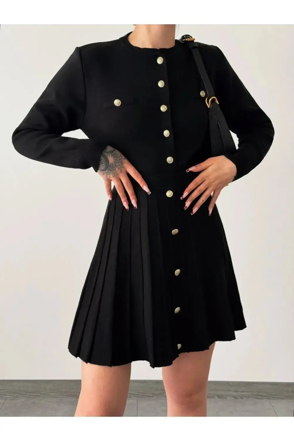 Dgn's Rosalinda Franche Gold Düğmeli Hırka-etek Triko Takım Gece