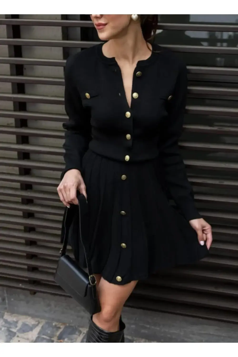 Dgn's Rosalinda Franche Gold Düğmeli Hırka-etek Triko Takım Gece