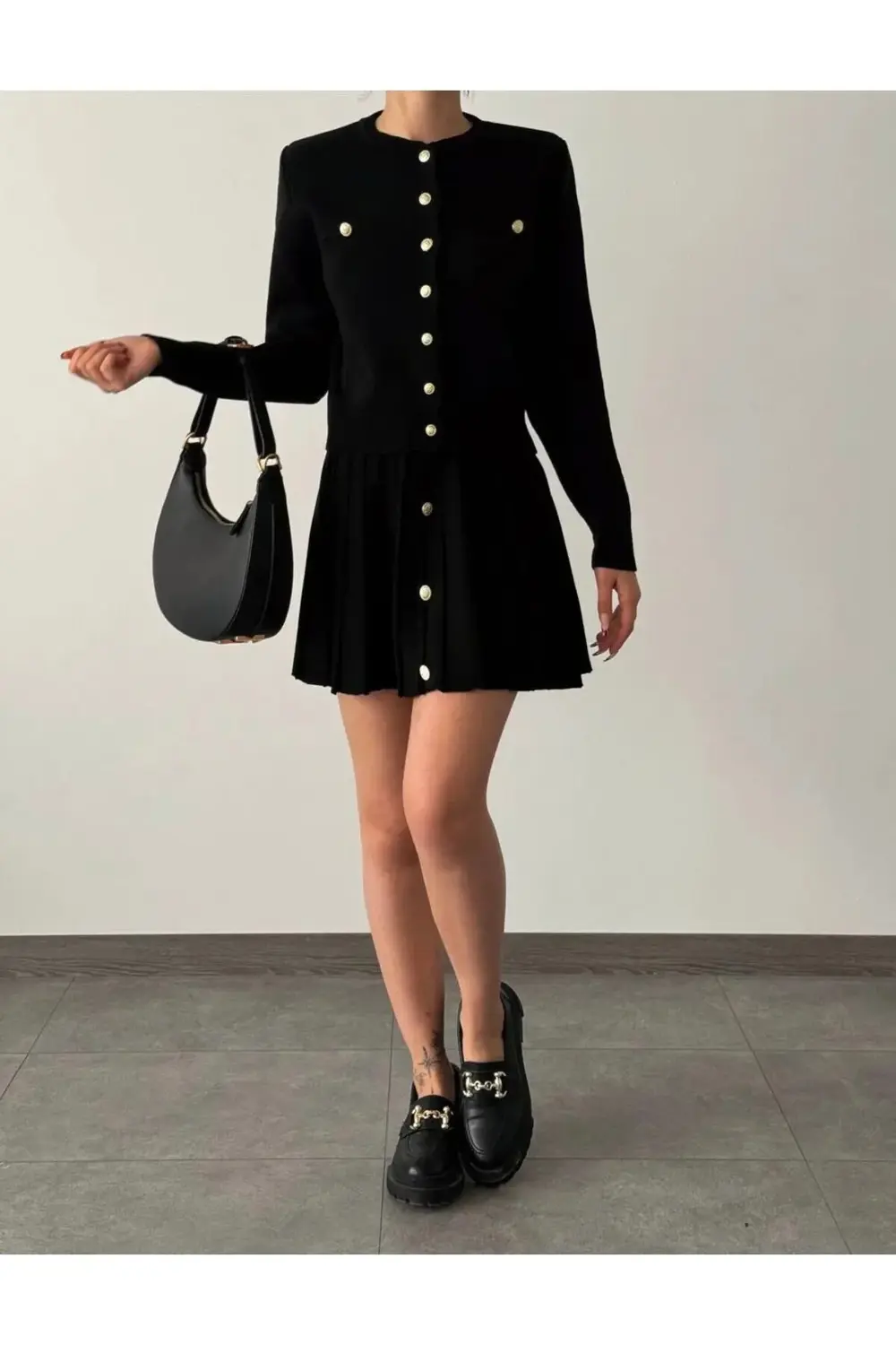 Dgn's Rosalinda Franche Gold Düğmeli Hırka-etek Triko Takım Gece