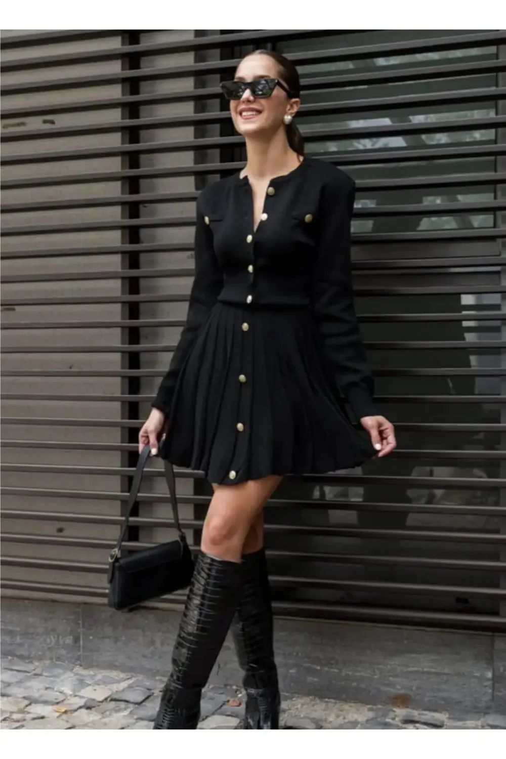 Dgn's Rosalinda Franche Gold Düğmeli Hırka-etek Triko Takım Gece