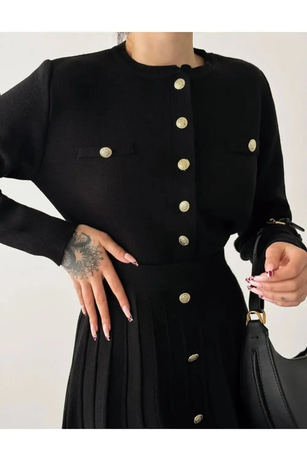 Dgn's Rosalinda Franche Gold Düğmeli Hırka-etek Triko Takım Gece