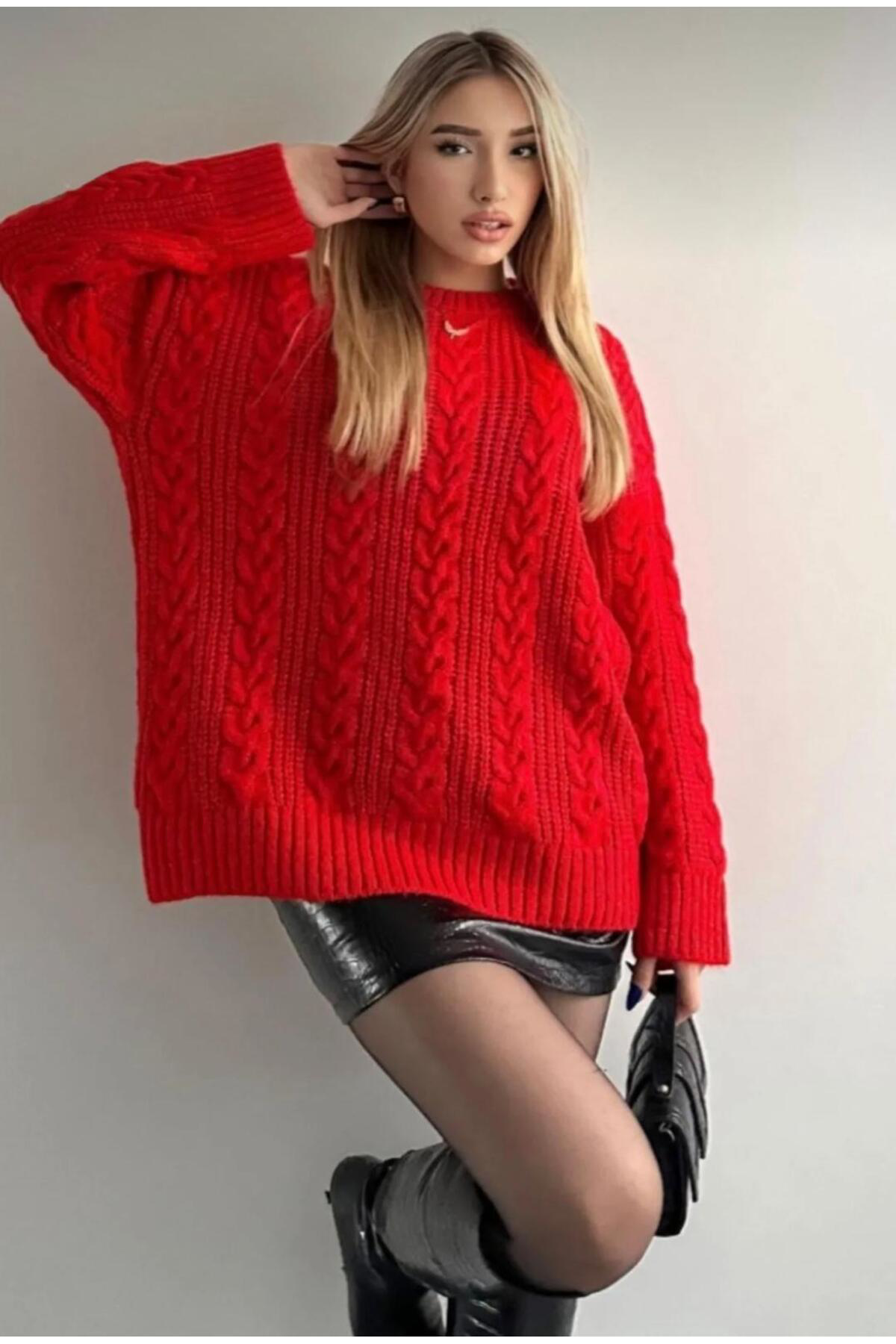 Nzl Tekstil Dgn's Saç Örgülü Bisiklet Yaka Yumuşak Dokulu Kadin Triko Kazak