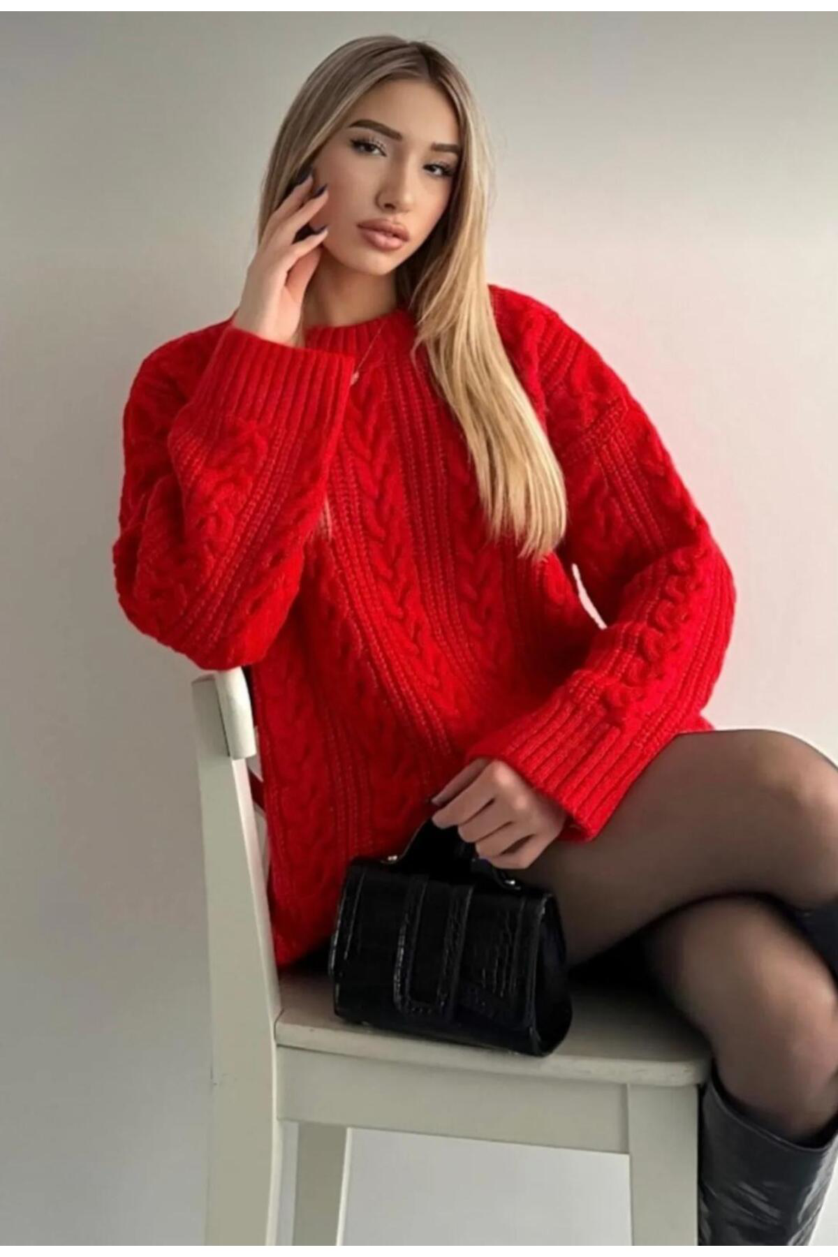 Nzl Tekstil Dgn's Saç Örgülü Bisiklet Yaka Yumuşak Dokulu Kadin Triko Kazak