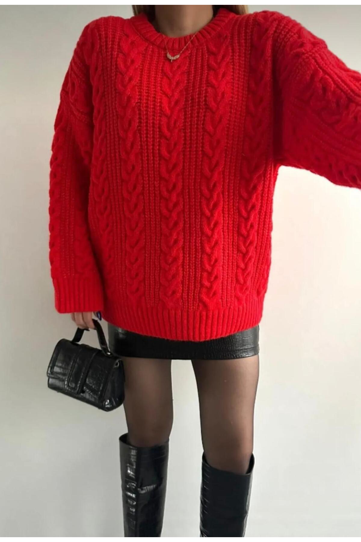 Nzl Tekstil Dgn's Saç Örgülü Bisiklet Yaka Yumuşak Dokulu Kadin Triko Kazak