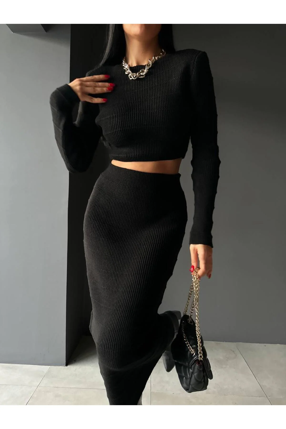 DGN'S ''SWE COLLECTION'' KADIN GOFRA&CROP DETAYLI 2'Lİ KAZAK-ETEK