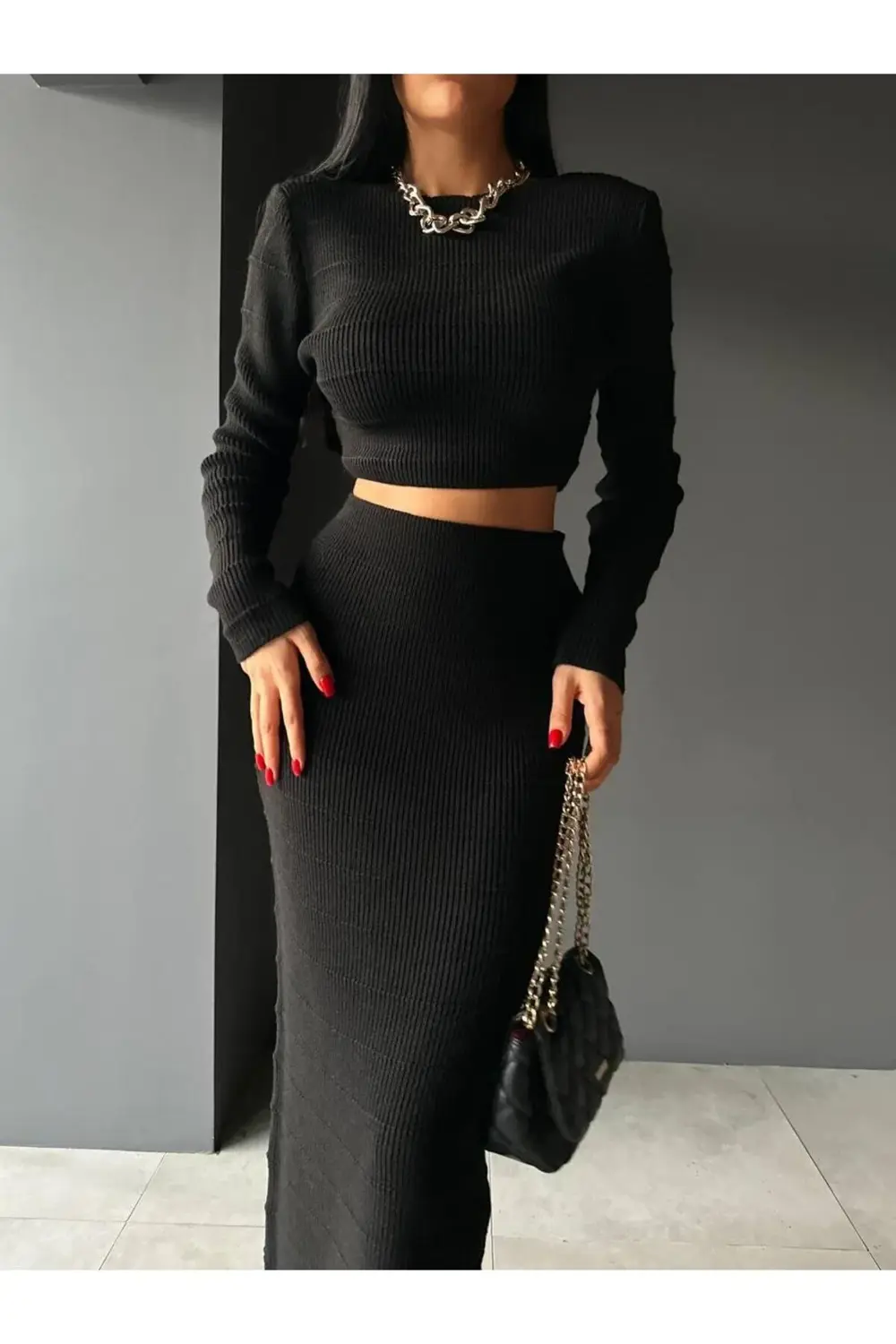 DGN'S ''SWE COLLECTION'' KADIN GOFRA&CROP DETAYLI 2'Lİ KAZAK-ETEK