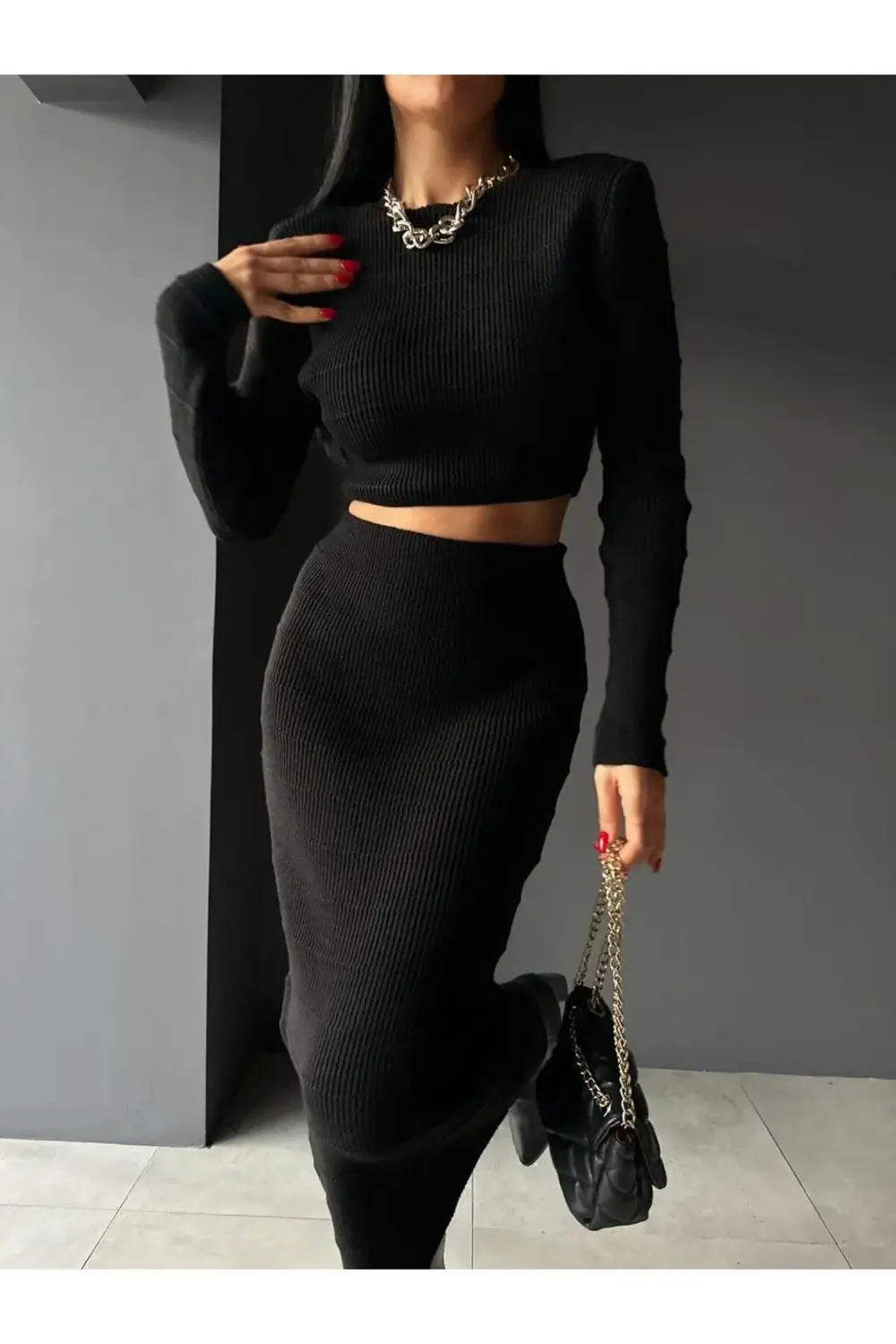 DGN'S ''SWE COLLECTION'' KADIN GOFRA&CROP DETAYLI 2'Lİ KAZAK-ETEK