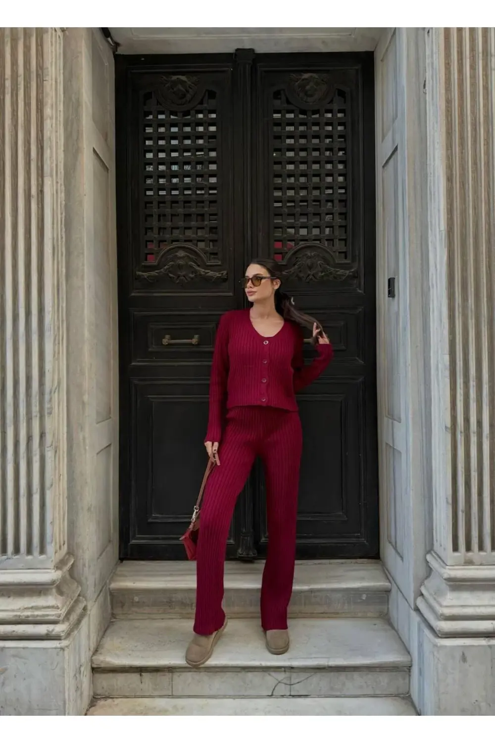 Dgn's Swe Düğme Detaylı Hırka-bluz-pantolon 3'lü Takım