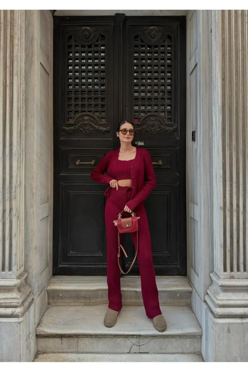 Dgn's Swe Düğme Detaylı Hırka-bluz-pantolon 3'lü Takım