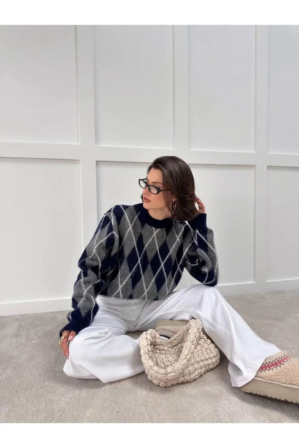 DGN'S YUMOŞ İPLİK KOMPLE BAKLAVA DESENLİ BİSİKLET YAKA KADIN TRİK