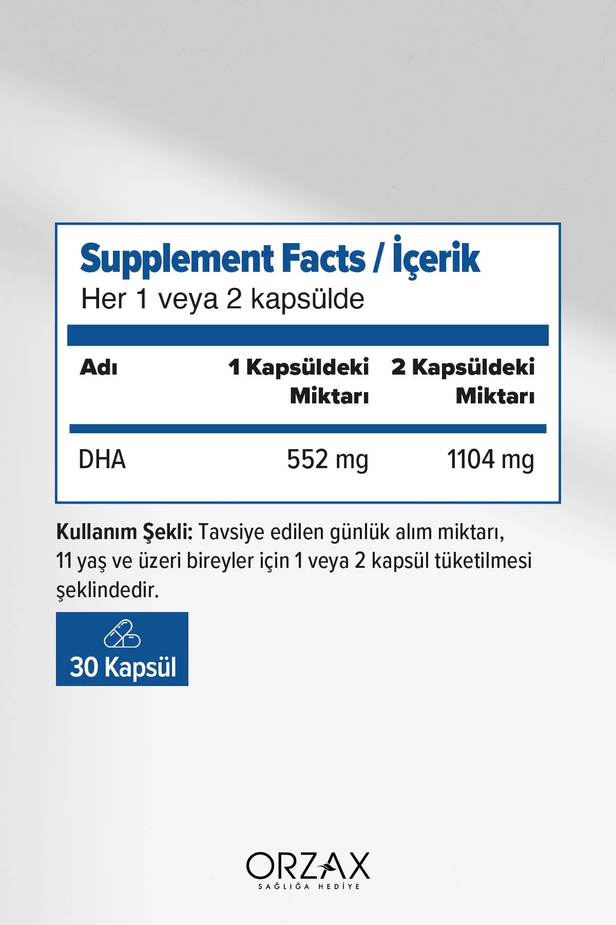 DHA Bitkisel Omega-3 — 1301 mg alg yağından gelen 552 mg DHA içerir 30 Kapsül