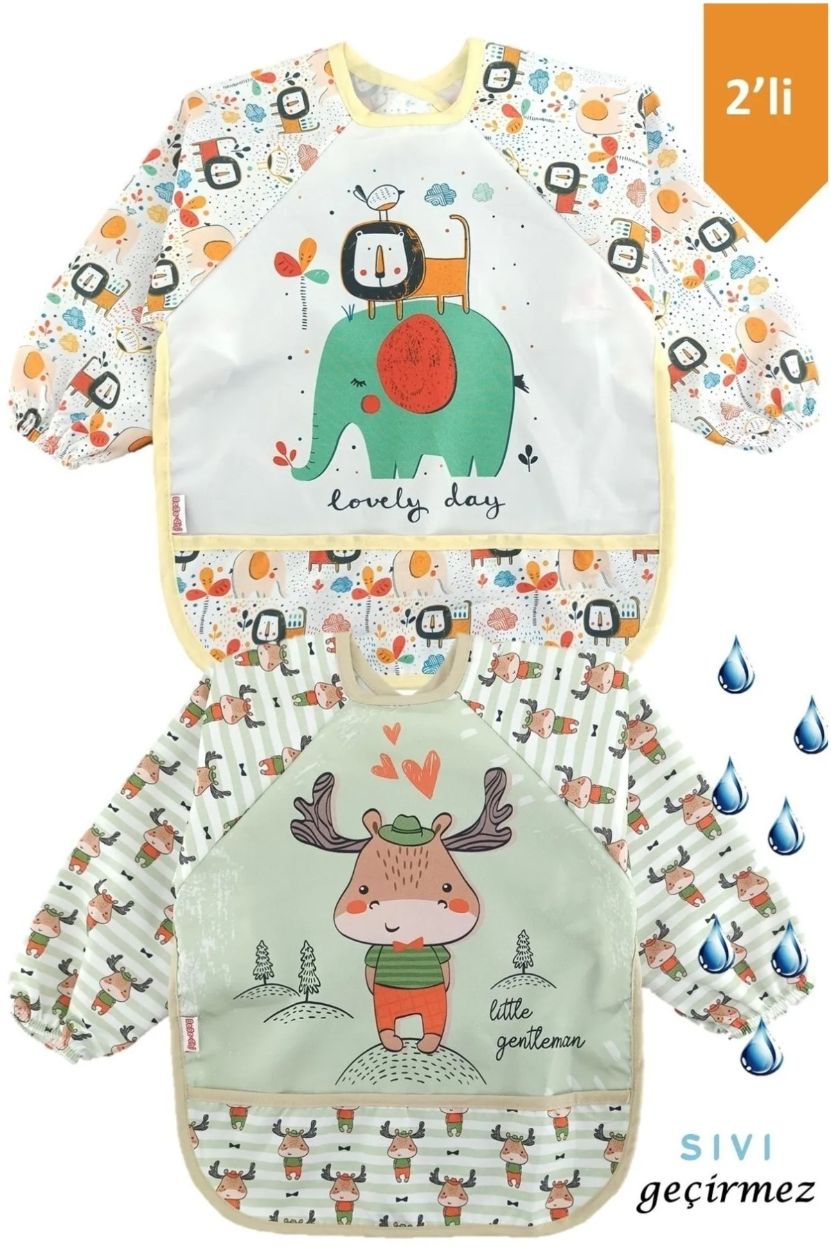 diamondstar  2 Aslan ve Geyik Desen Kollu Cepli Bebek Mama Önlüğü